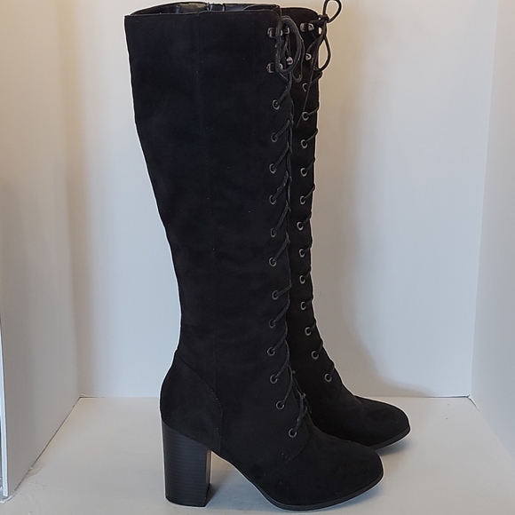 A+ Shoes - A+ Target Black Heeled Lace Up Tall Boots